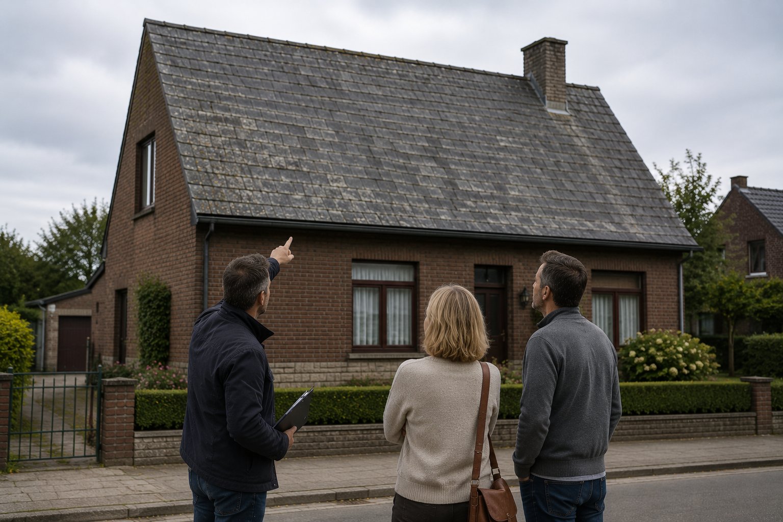 Eigenaars bekijken samen met een deskundige het dak van hun woning
